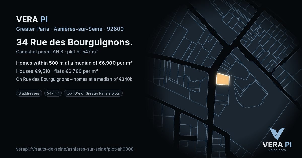 34 Rue des Bourguignons, Asnières-sur-Seine at night – the plot lit, the parcels around coloured by the prices near them
