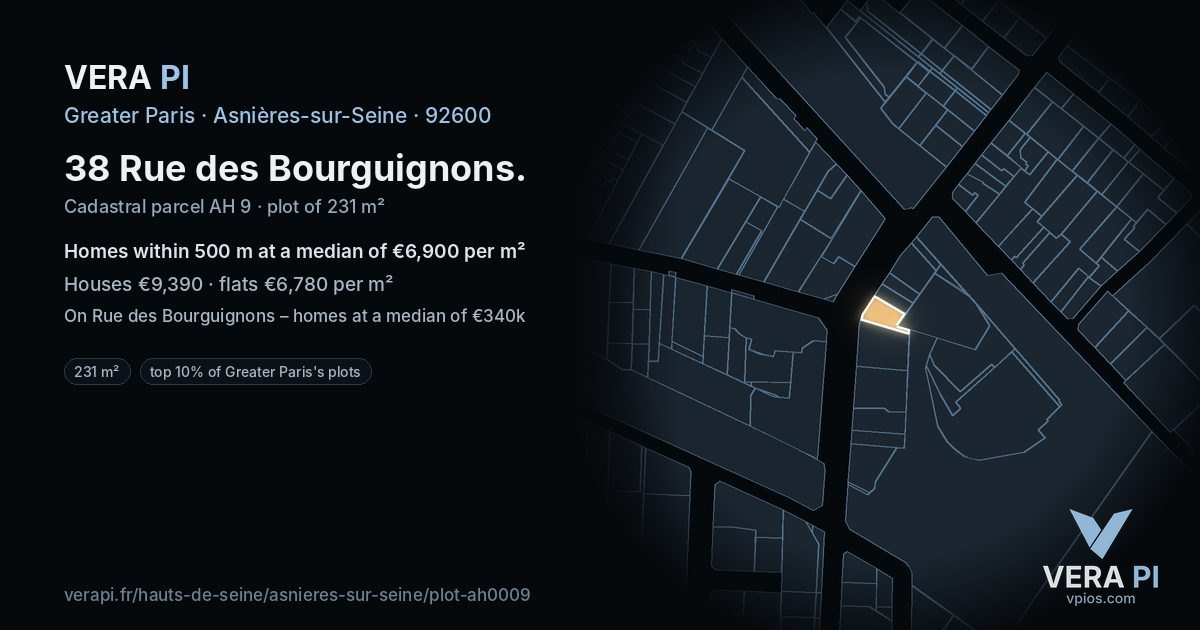 38 Rue des Bourguignons, Asnières-sur-Seine at night – the plot lit, the parcels around coloured by the prices near them