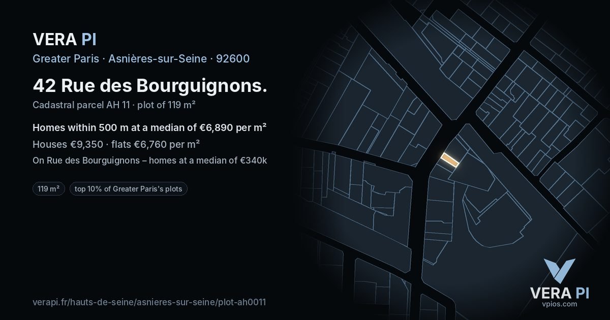 42 Rue des Bourguignons, Asnières-sur-Seine at night – the plot lit, the parcels around coloured by the prices near them
