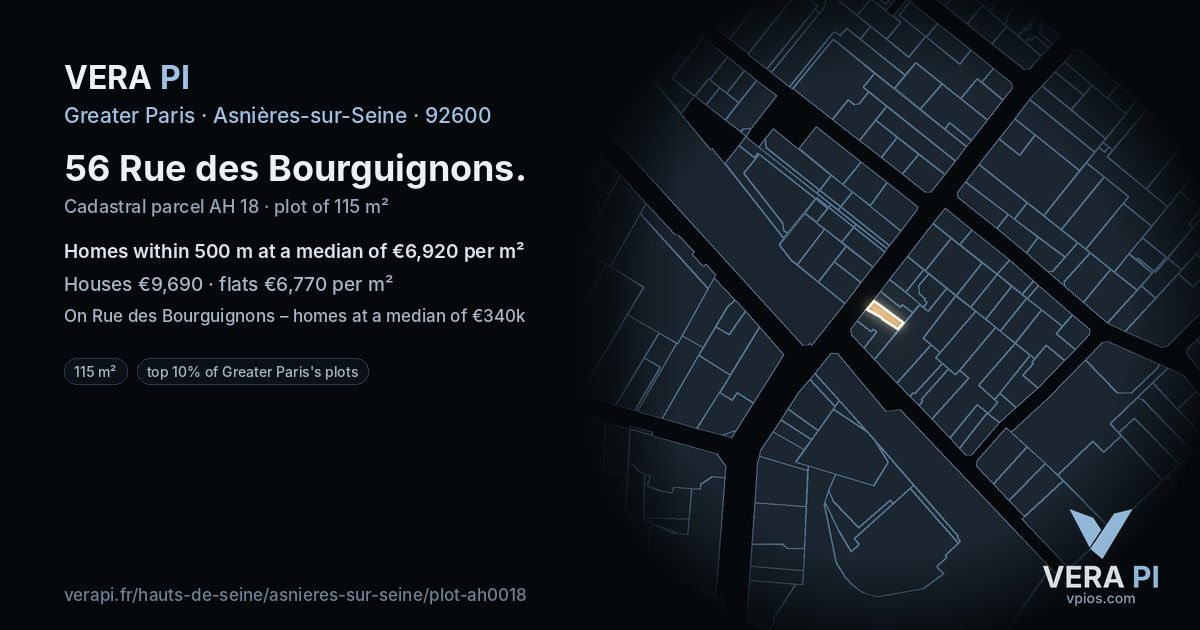 56 Rue des Bourguignons, Asnières-sur-Seine at night – the plot lit, the parcels around coloured by the prices near them