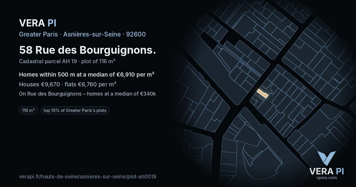 58 Rue des Bourguignons, Asnières-sur-Seine at night – the plot lit, the parcels around coloured by the prices near them
