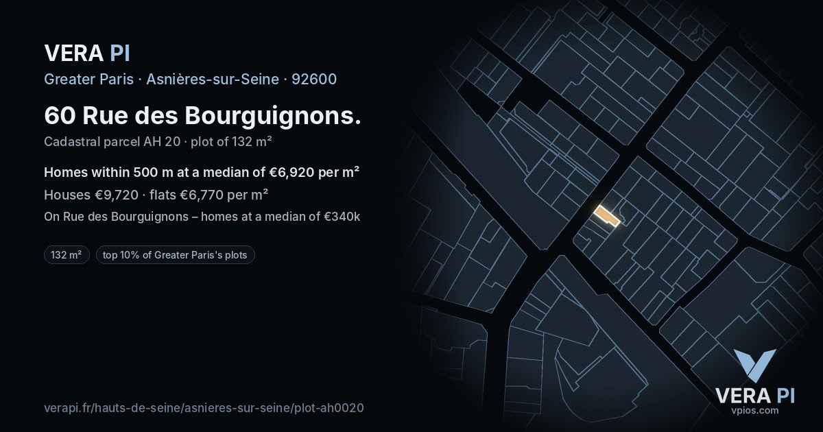 60 Rue des Bourguignons, Asnières-sur-Seine at night – the plot lit, the parcels around coloured by the prices near them