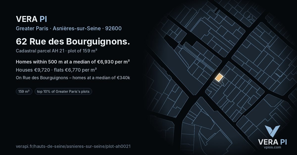 62 Rue des Bourguignons, Asnières-sur-Seine at night – the plot lit, the parcels around coloured by the prices near them