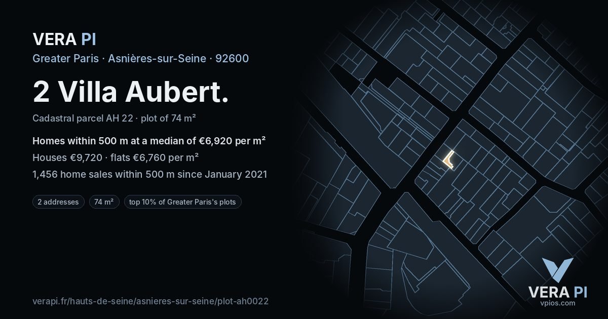 2 Villa Aubert, Asnières-sur-Seine at night – the plot lit, the parcels around coloured by the prices near them