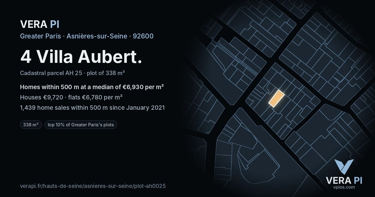 4 Villa Aubert, Asnières-sur-Seine at night – the plot lit, the parcels around coloured by the prices near them