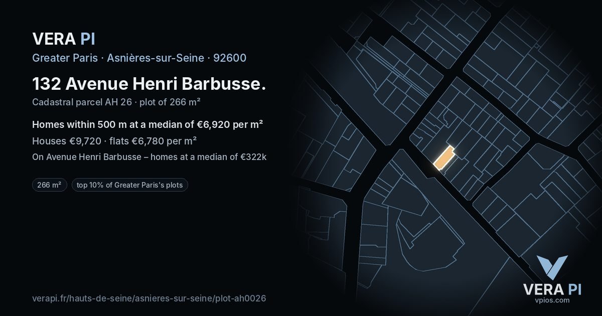 132 Avenue Henri Barbusse, Asnières-sur-Seine at night – the plot lit, the parcels around coloured by the prices near them