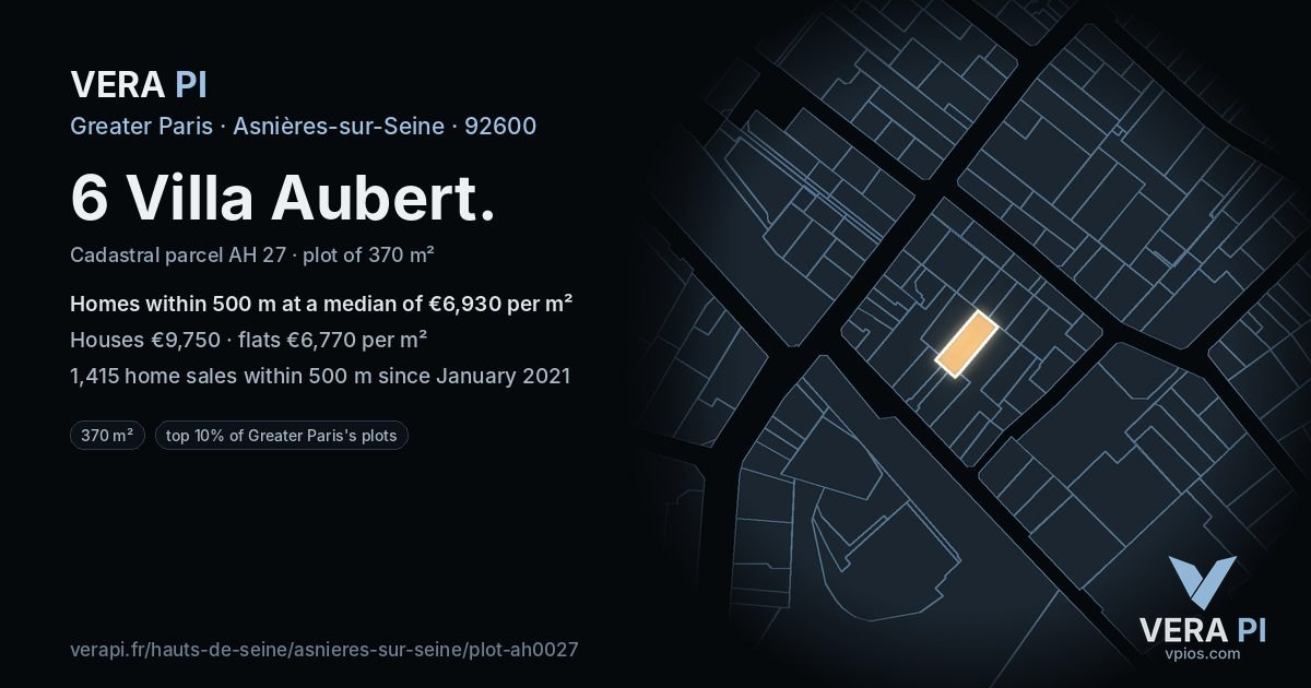6 Villa Aubert, Asnières-sur-Seine at night – the plot lit, the parcels around coloured by the prices near them