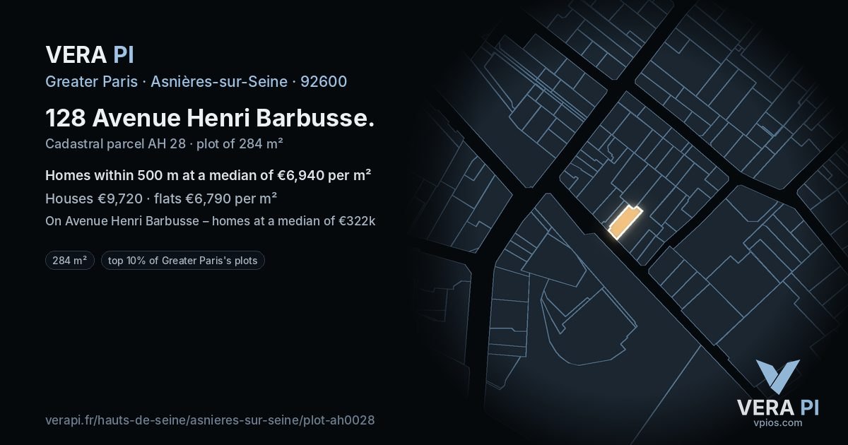 128 Avenue Henri Barbusse, Asnières-sur-Seine at night – the plot lit, the parcels around coloured by the prices near them