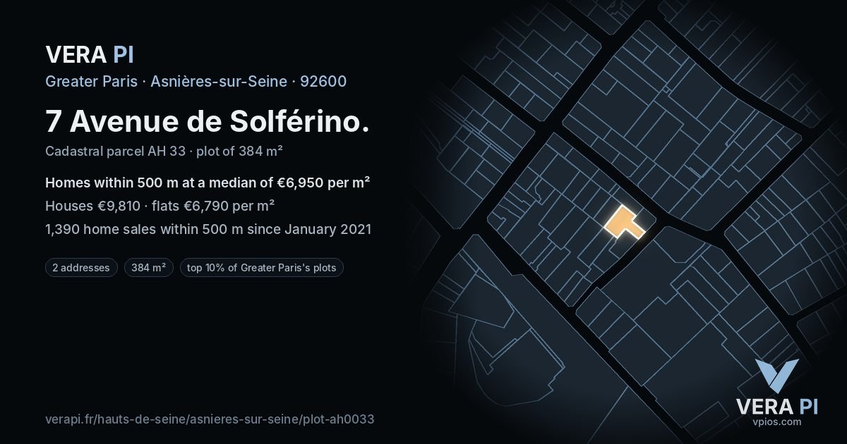 7 Avenue de Solférino, Asnières-sur-Seine at night – the plot lit, the parcels around coloured by the prices near them