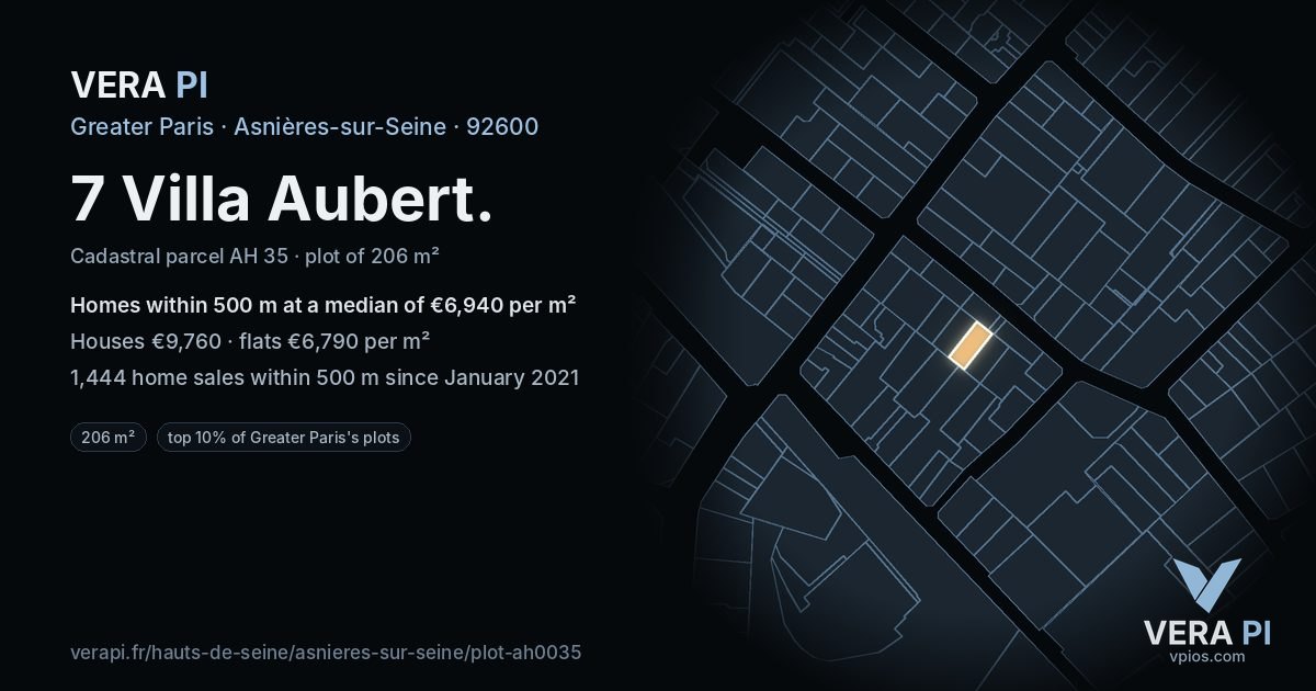 7 Villa Aubert, Asnières-sur-Seine at night – the plot lit, the parcels around coloured by the prices near them