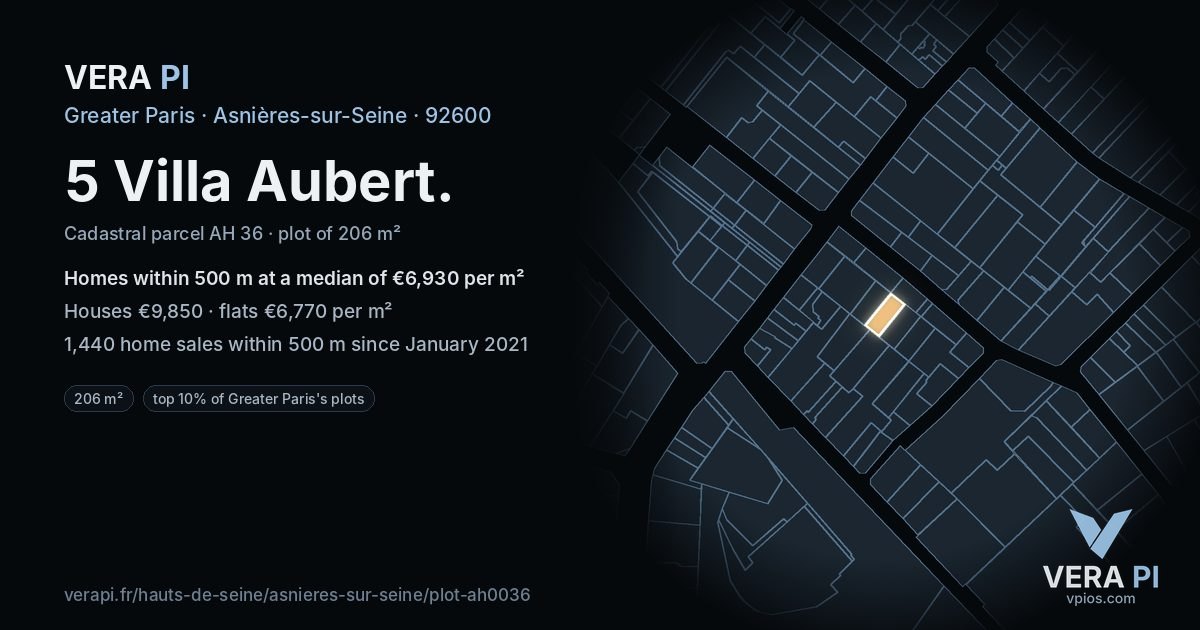 5 Villa Aubert, Asnières-sur-Seine at night – the plot lit, the parcels around coloured by the prices near them
