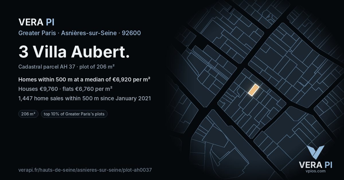 3 Villa Aubert, Asnières-sur-Seine at night – the plot lit, the parcels around coloured by the prices near them