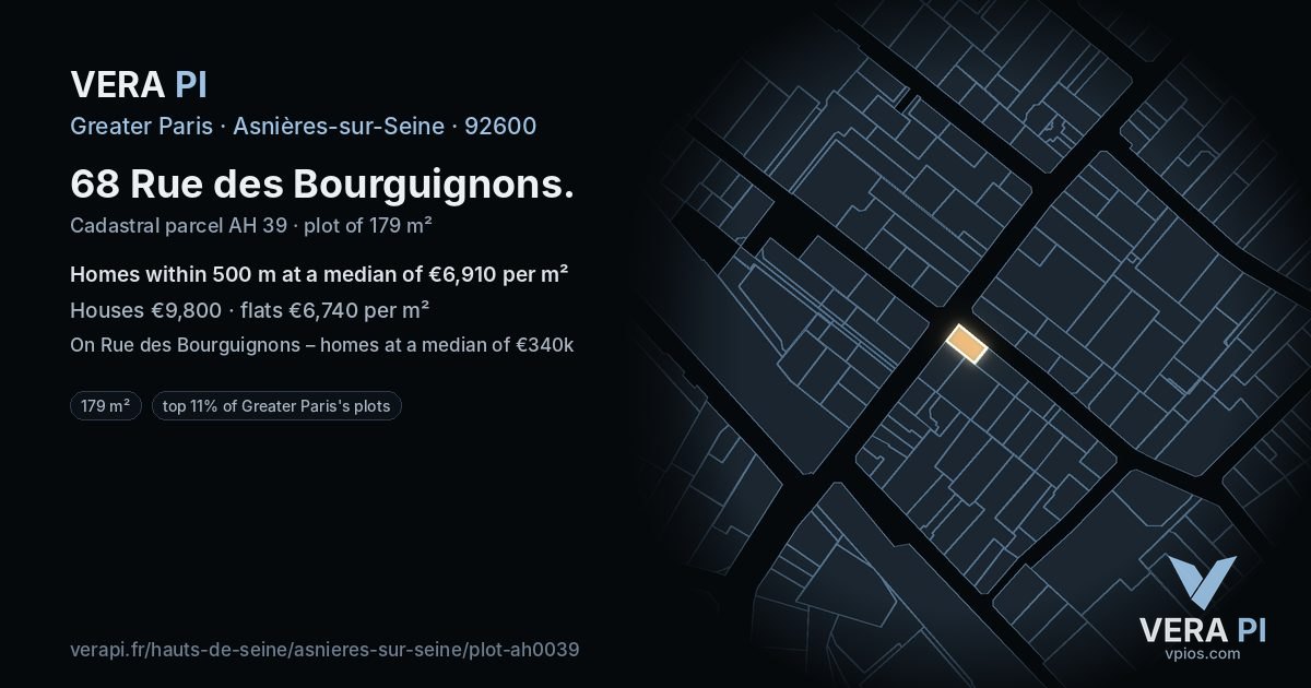 68 Rue des Bourguignons, Asnières-sur-Seine at night – the plot lit, the parcels around coloured by the prices near them