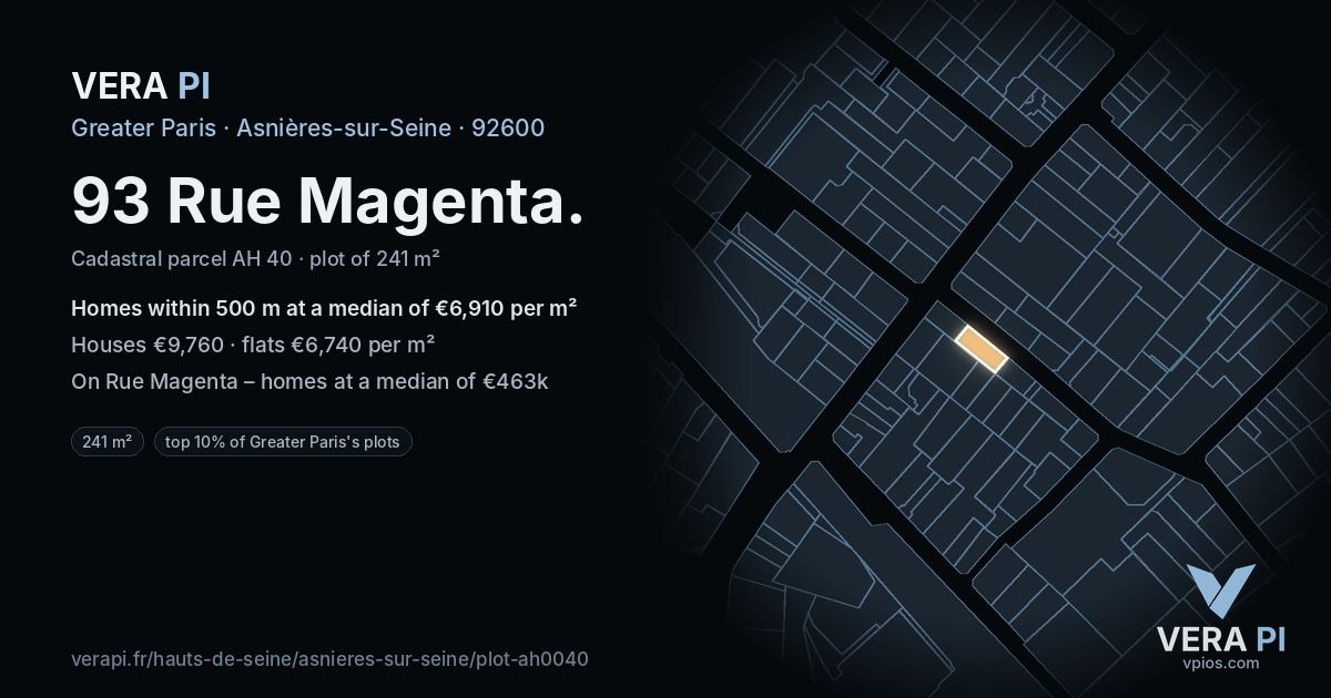 93 Rue Magenta, Asnières-sur-Seine at night – the plot lit, the parcels around coloured by the prices near them
