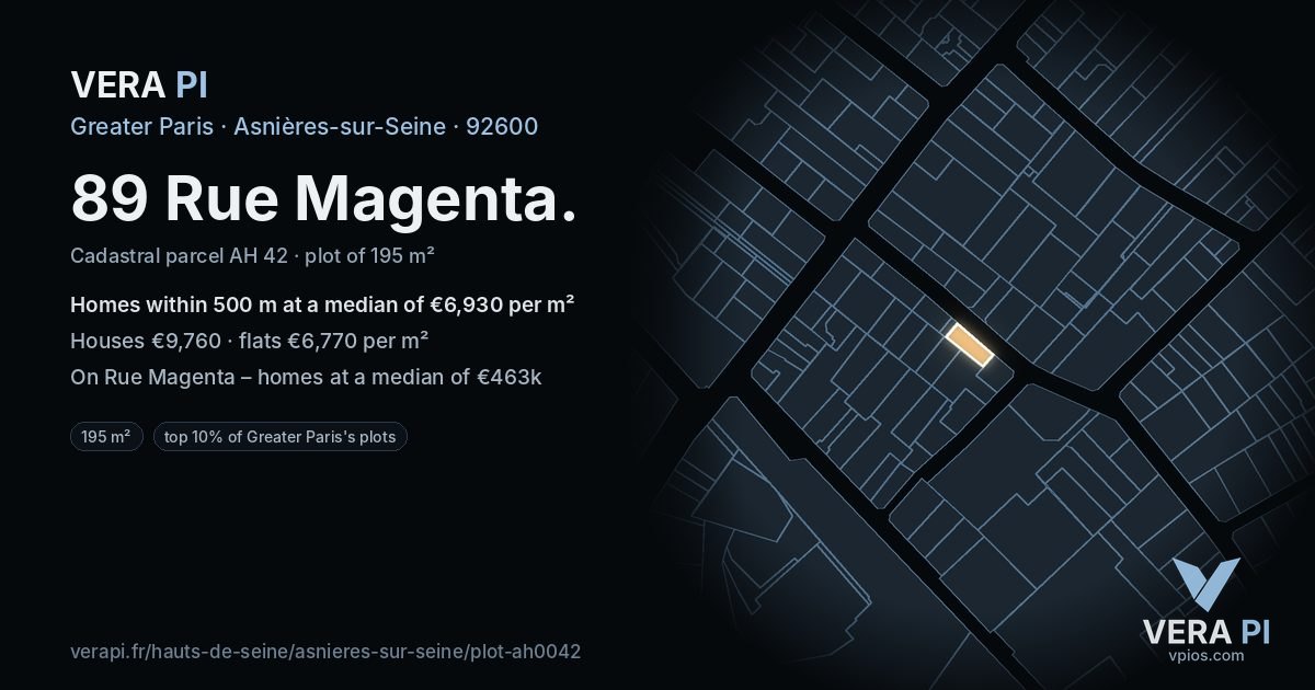 89 Rue Magenta, Asnières-sur-Seine at night – the plot lit, the parcels around coloured by the prices near them