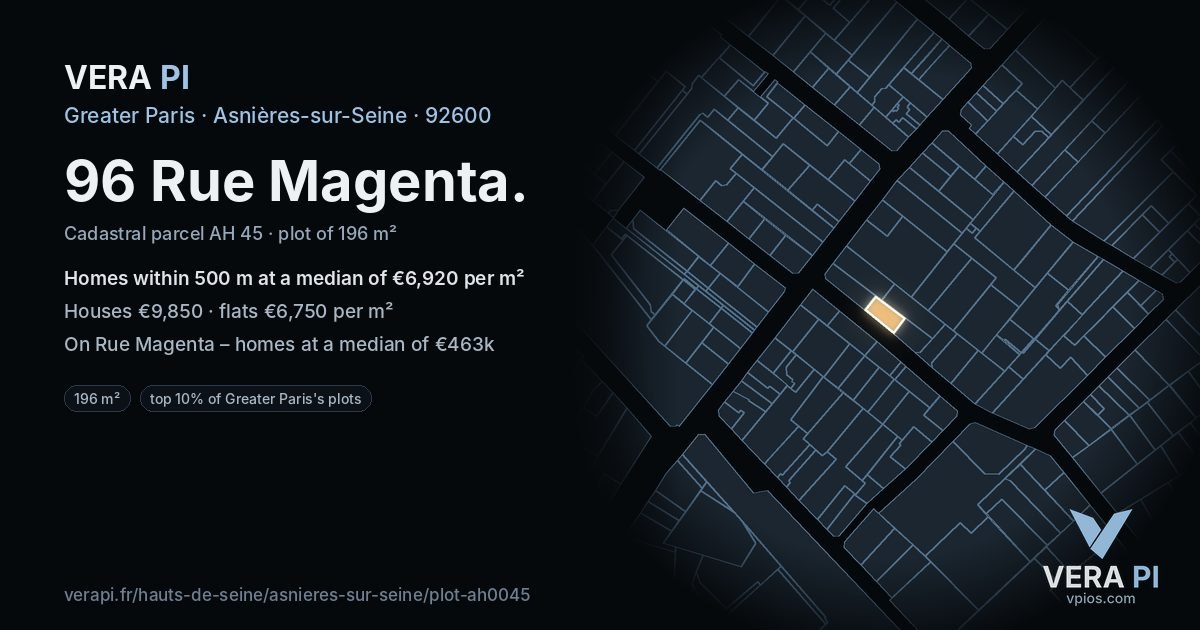 96 Rue Magenta, Asnières-sur-Seine at night – the plot lit, the parcels around coloured by the prices near them