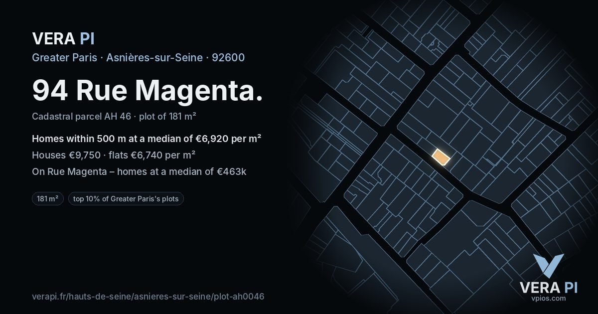 94 Rue Magenta, Asnières-sur-Seine at night – the plot lit, the parcels around coloured by the prices near them