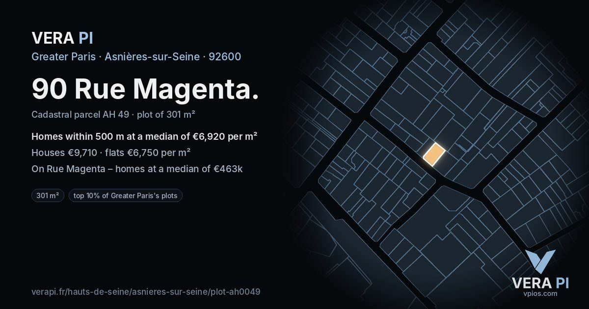 90 Rue Magenta, Asnières-sur-Seine at night – the plot lit, the parcels around coloured by the prices near them