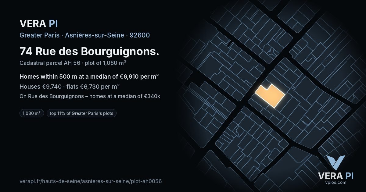 74 Rue des Bourguignons, Asnières-sur-Seine at night – the plot lit, the parcels around coloured by the prices near them