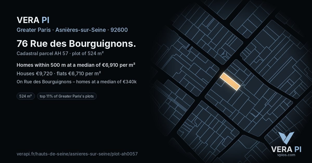 76 Rue des Bourguignons, Asnières-sur-Seine at night – the plot lit, the parcels around coloured by the prices near them