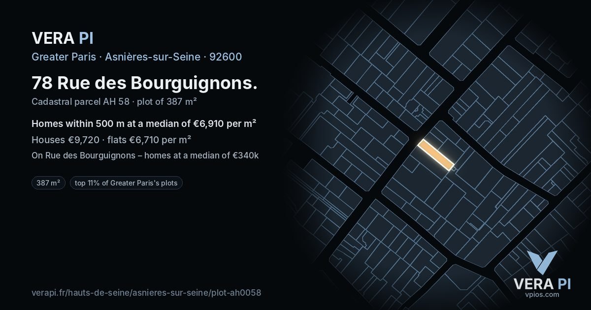 78 Rue des Bourguignons, Asnières-sur-Seine at night – the plot lit, the parcels around coloured by the prices near them