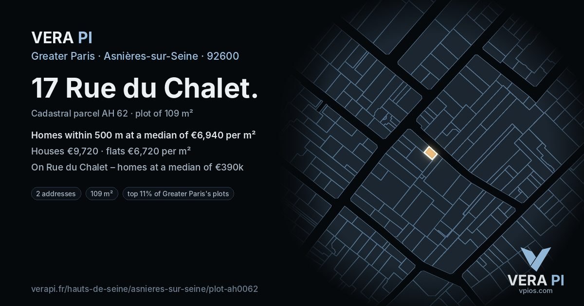 17 Rue du Chalet, Asnières-sur-Seine at night – the plot lit, the parcels around coloured by the prices near them