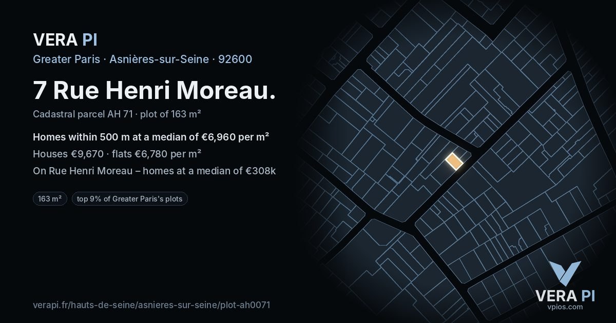 7 Rue Henri Moreau, Asnières-sur-Seine at night – the plot lit, the parcels around coloured by the prices near them