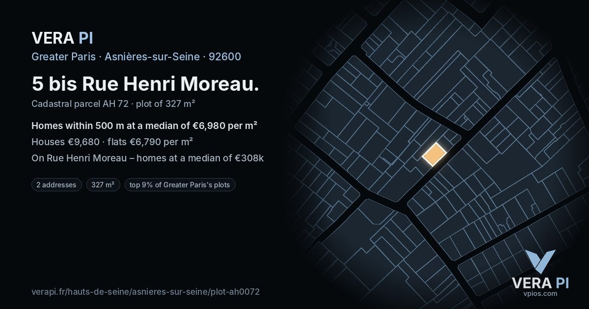 5 bis Rue Henri Moreau, Asnières-sur-Seine at night – the plot lit, the parcels around coloured by the prices near them