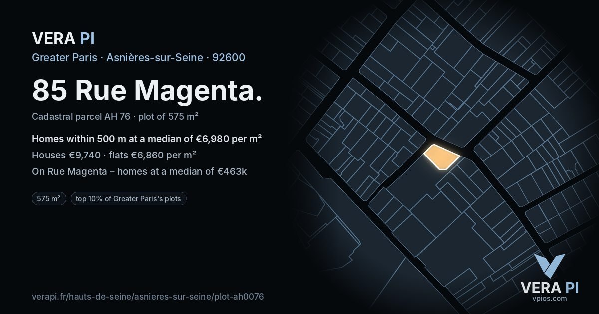 85 Rue Magenta, Asnières-sur-Seine at night – the plot lit, the parcels around coloured by the prices near them
