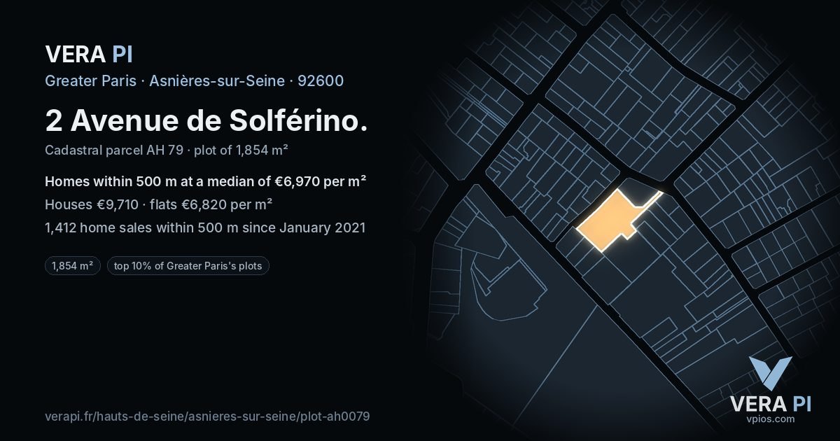 2 Avenue de Solférino, Asnières-sur-Seine at night – the plot lit, the parcels around coloured by the prices near them