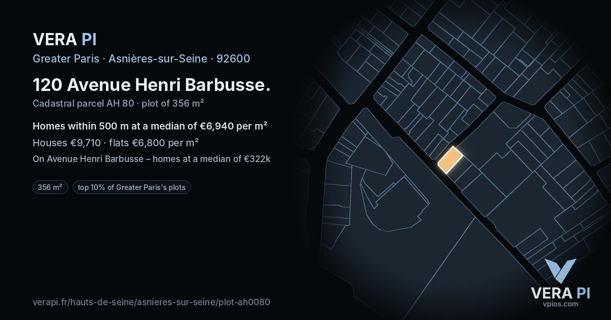 120 Avenue Henri Barbusse, Asnières-sur-Seine at night – the plot lit, the parcels around coloured by the prices near them