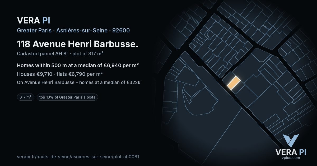 118 Avenue Henri Barbusse, Asnières-sur-Seine at night – the plot lit, the parcels around coloured by the prices near them