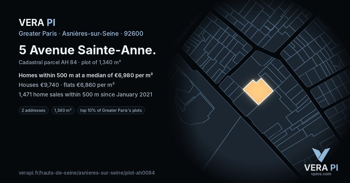 5 Avenue Sainte-Anne, Asnières-sur-Seine at night – the plot lit, the parcels around coloured by the prices near them
