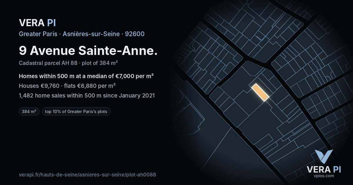 9 Avenue Sainte-Anne, Asnières-sur-Seine at night – the plot lit, the parcels around coloured by the prices near them