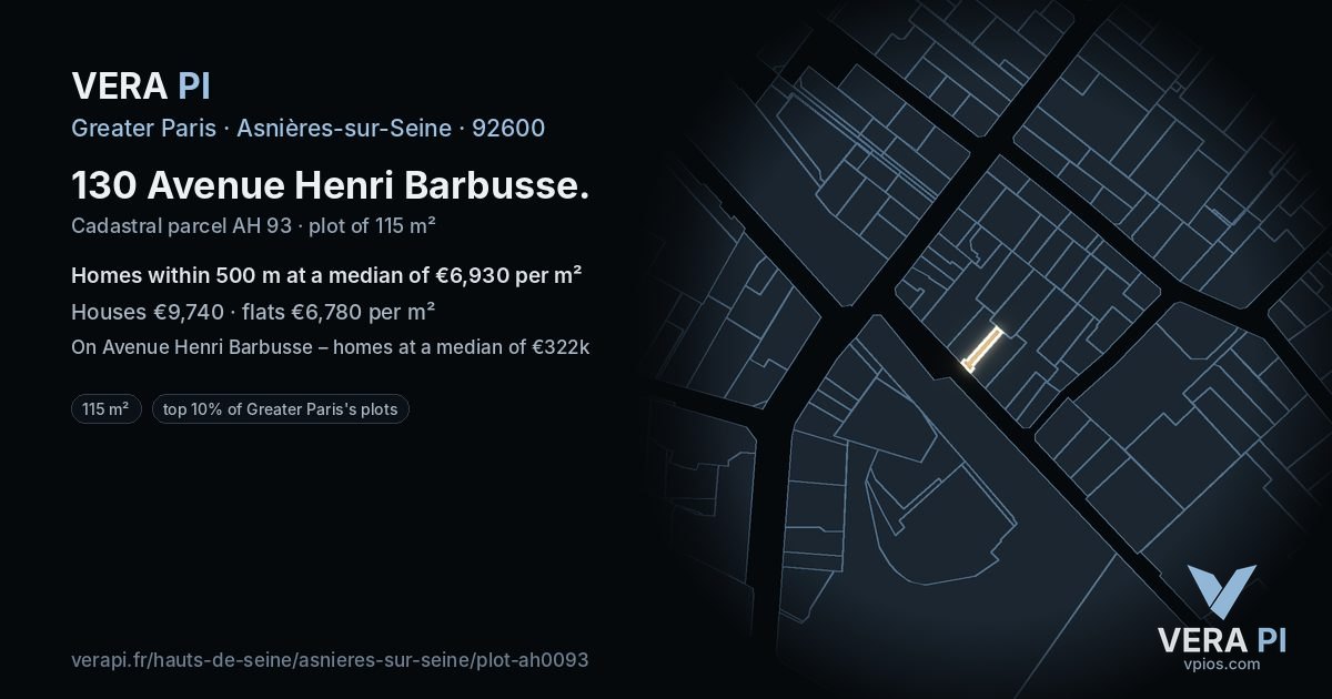 130 Avenue Henri Barbusse, Asnières-sur-Seine at night – the plot lit, the parcels around coloured by the prices near them