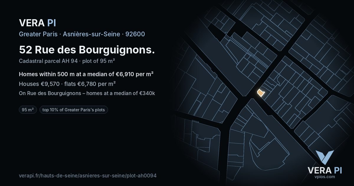 52 Rue des Bourguignons, Asnières-sur-Seine at night – the plot lit, the parcels around coloured by the prices near them