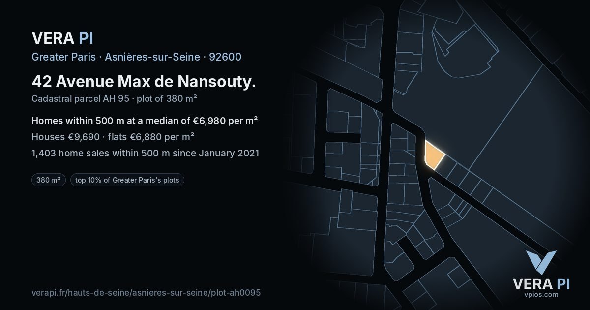 42 Avenue Max de Nansouty, Asnières-sur-Seine at night – the plot lit, the parcels around coloured by the prices near them