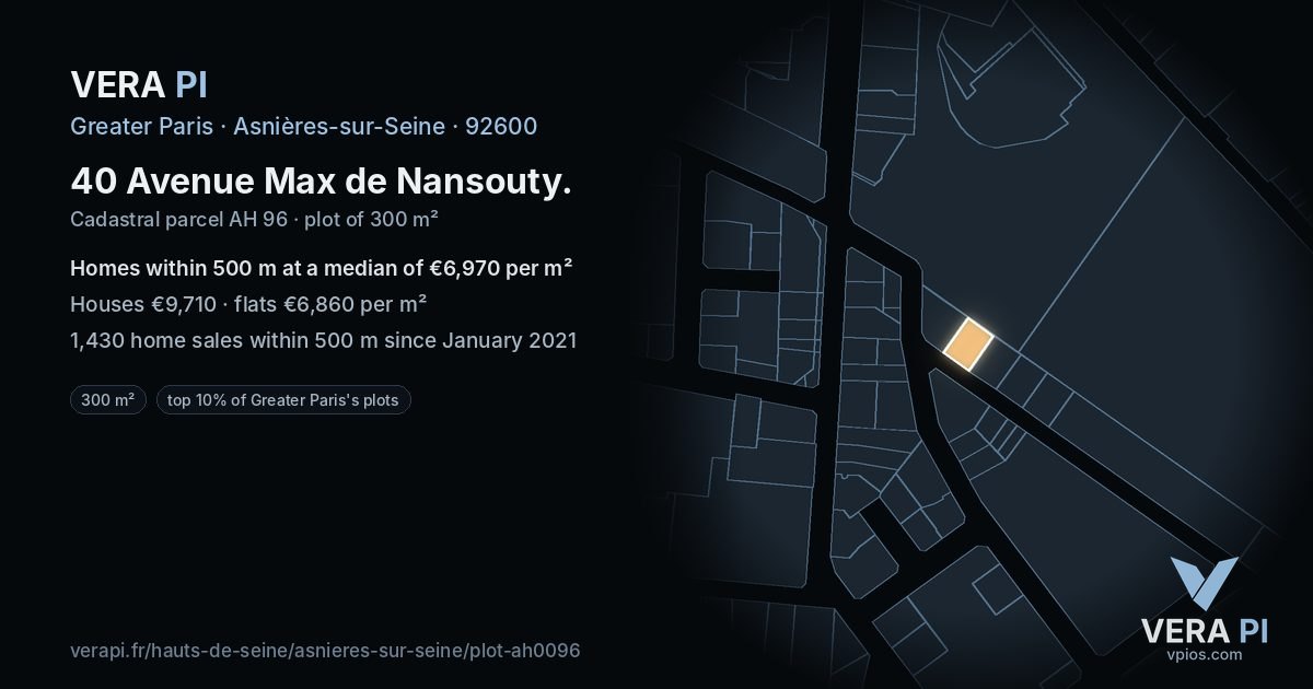 40 Avenue Max de Nansouty, Asnières-sur-Seine at night – the plot lit, the parcels around coloured by the prices near them
