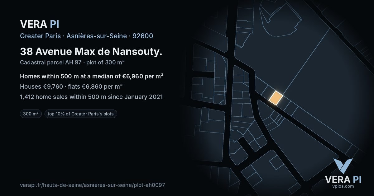 38 Avenue Max de Nansouty, Asnières-sur-Seine at night – the plot lit, the parcels around coloured by the prices near them
