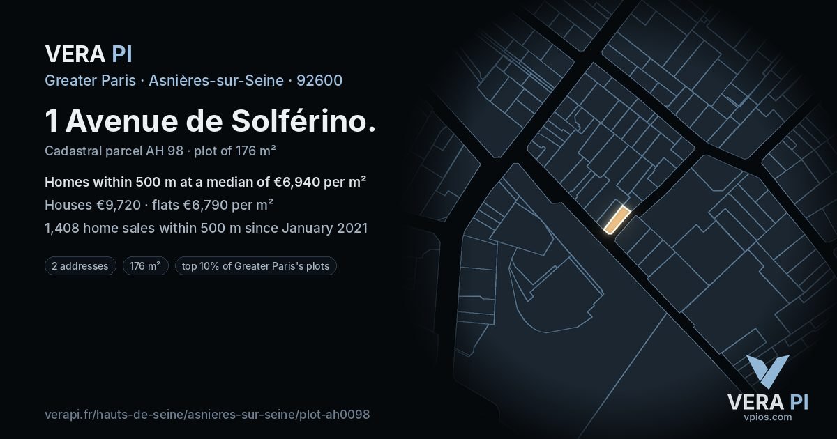 1 Avenue de Solférino, Asnières-sur-Seine at night – the plot lit, the parcels around coloured by the prices near them