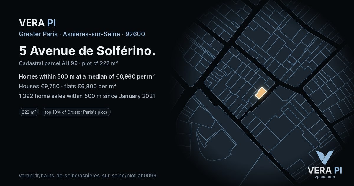 5 Avenue de Solférino, Asnières-sur-Seine at night – the plot lit, the parcels around coloured by the prices near them