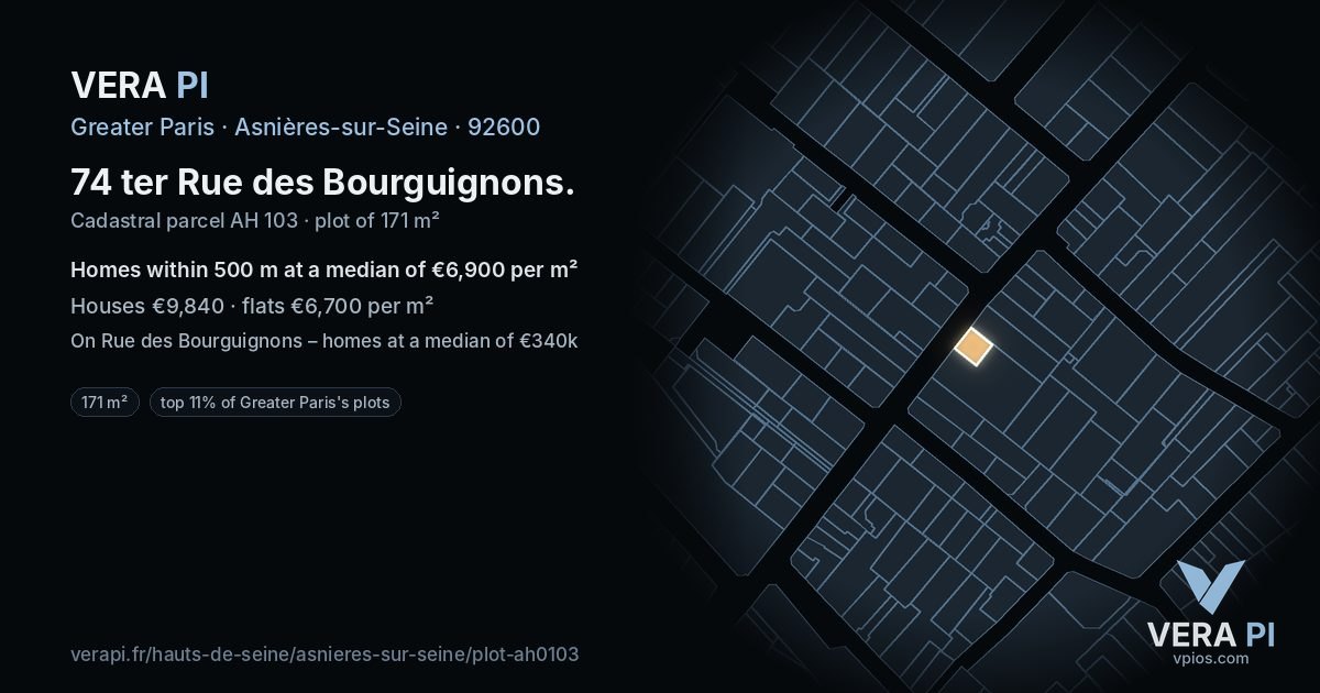 74 ter Rue des Bourguignons, Asnières-sur-Seine at night – the plot lit, the parcels around coloured by the prices near them