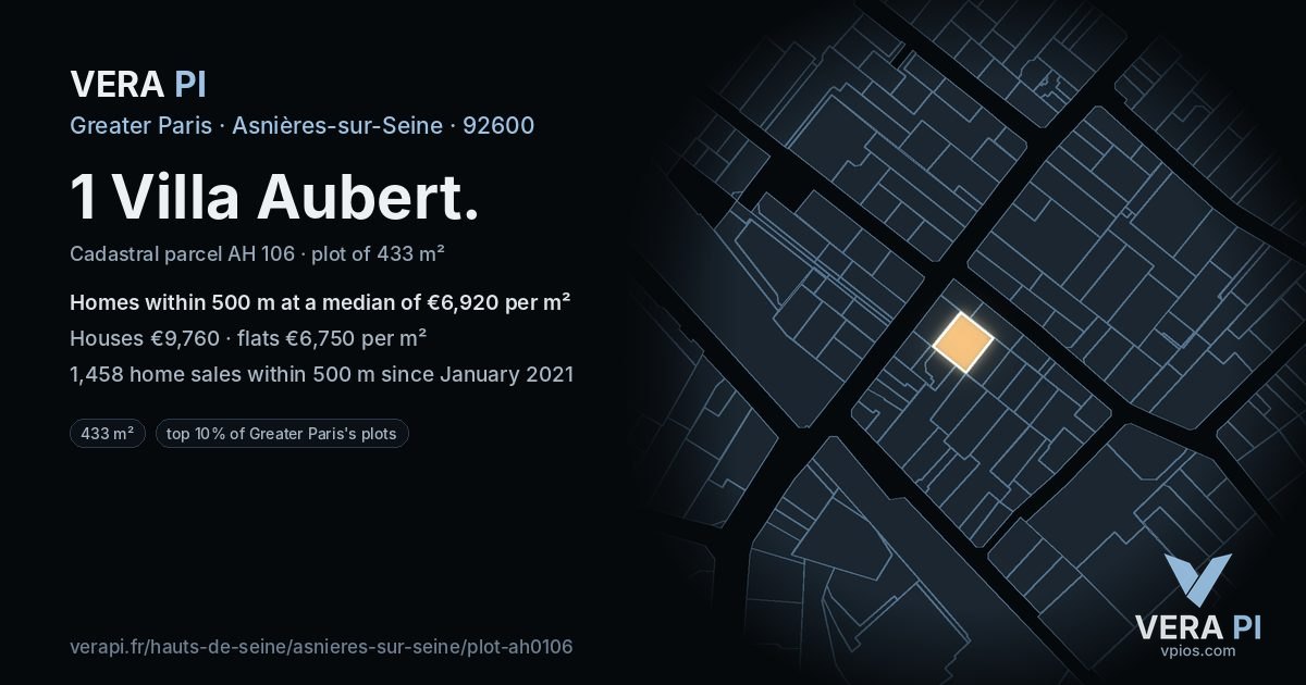 1 Villa Aubert, Asnières-sur-Seine at night – the plot lit, the parcels around coloured by the prices near them