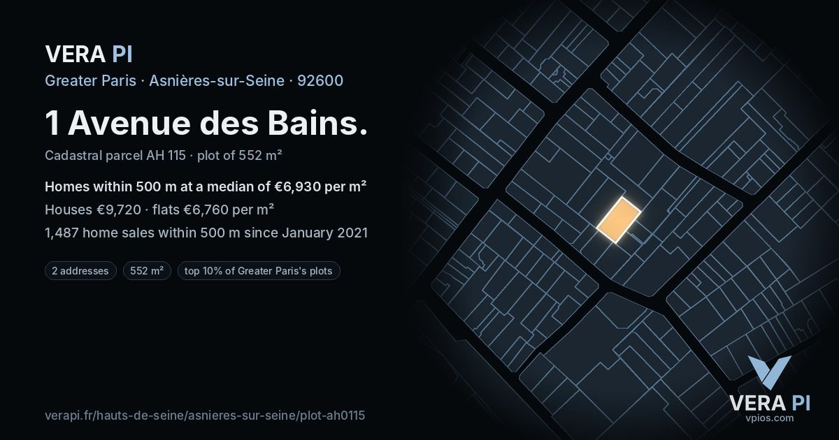 1 Avenue des Bains, Asnières-sur-Seine at night – the plot lit, the parcels around coloured by the prices near them