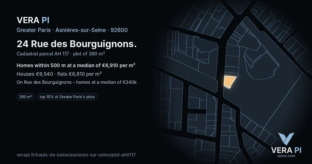 24 Rue des Bourguignons, Asnières-sur-Seine at night – the plot lit, the parcels around coloured by the prices near them