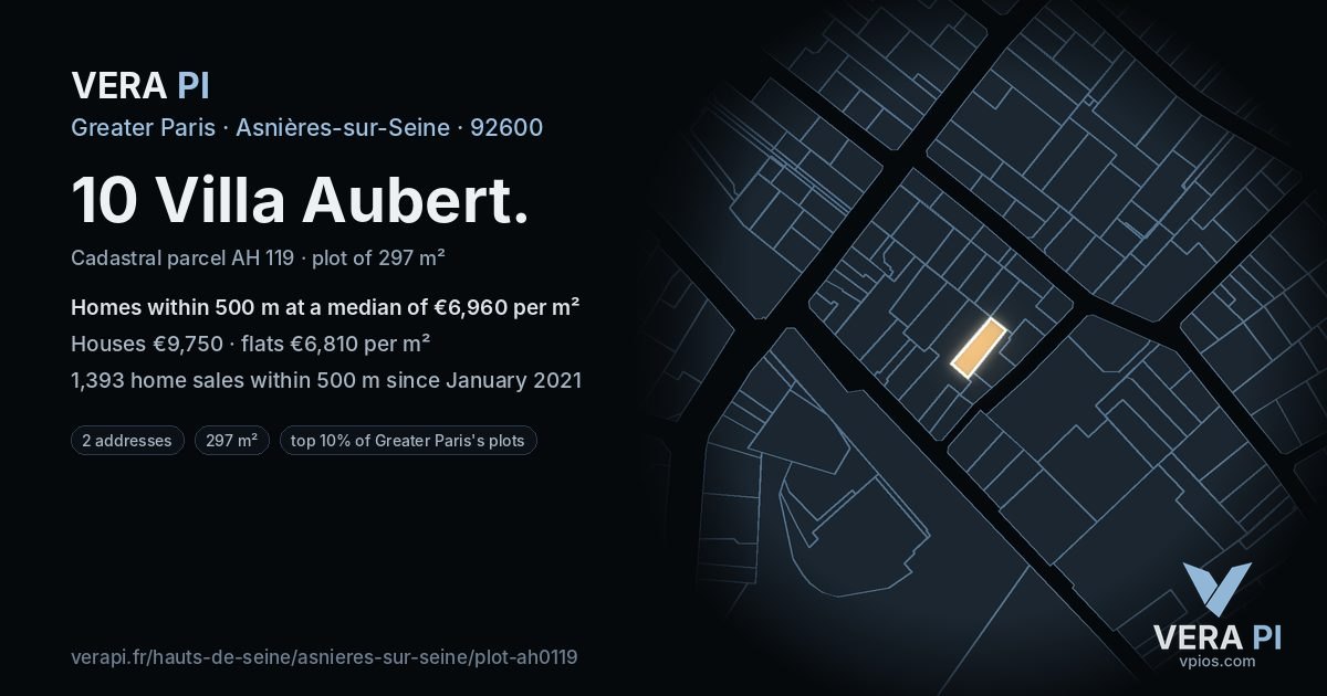 10 Villa Aubert, Asnières-sur-Seine at night – the plot lit, the parcels around coloured by the prices near them