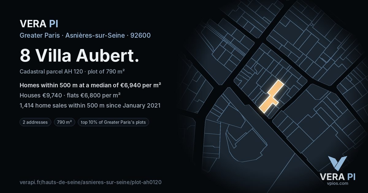 8 Villa Aubert, Asnières-sur-Seine at night – the plot lit, the parcels around coloured by the prices near them