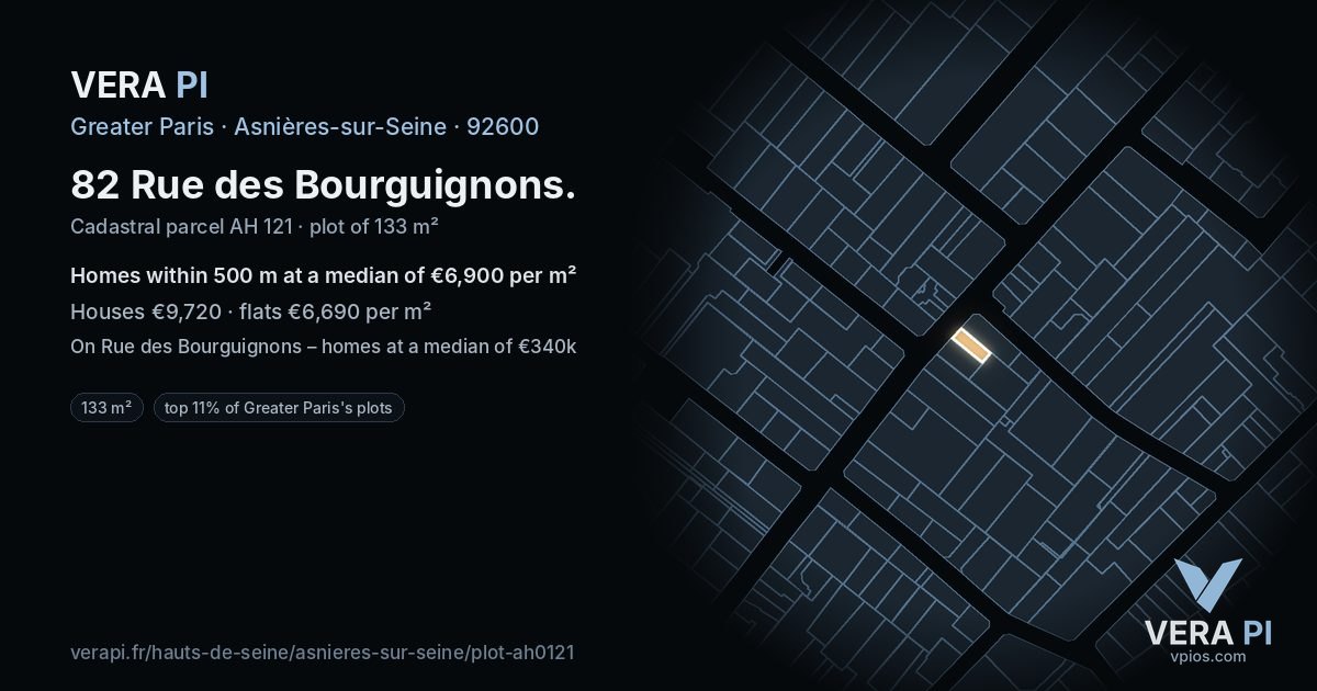 82 Rue des Bourguignons, Asnières-sur-Seine at night – the plot lit, the parcels around coloured by the prices near them