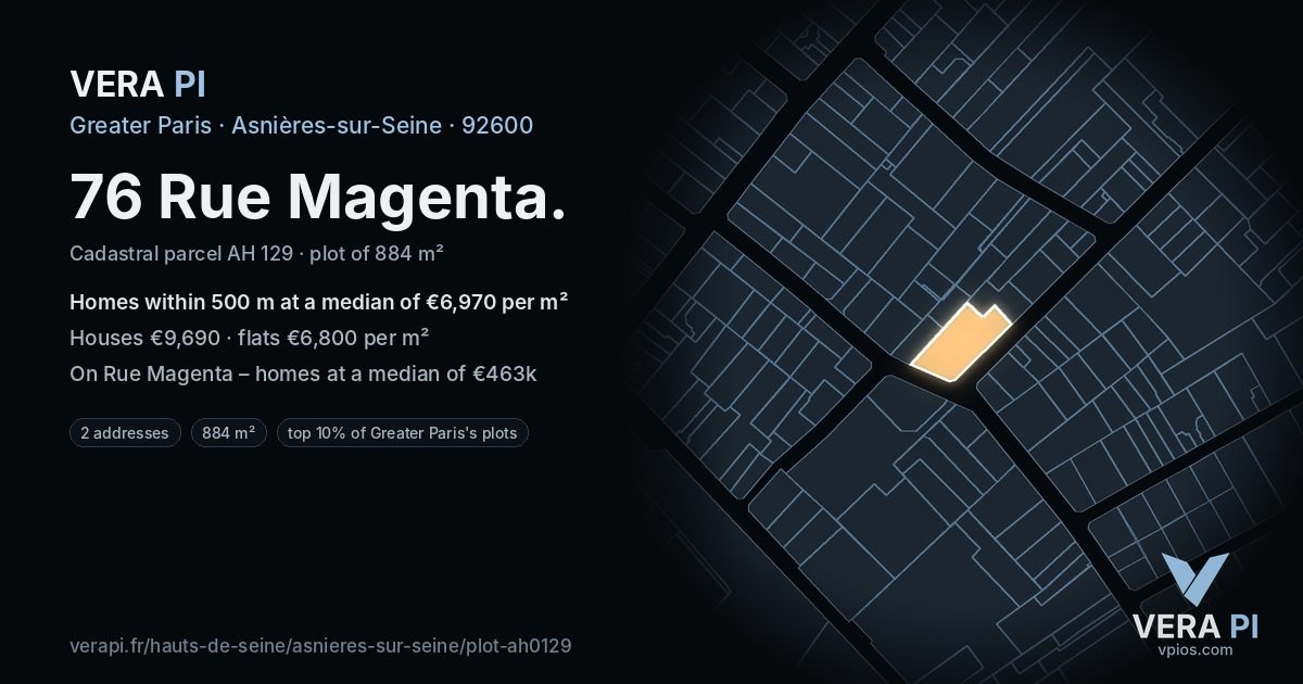 76 Rue Magenta, Asnières-sur-Seine at night – the plot lit, the parcels around coloured by the prices near them