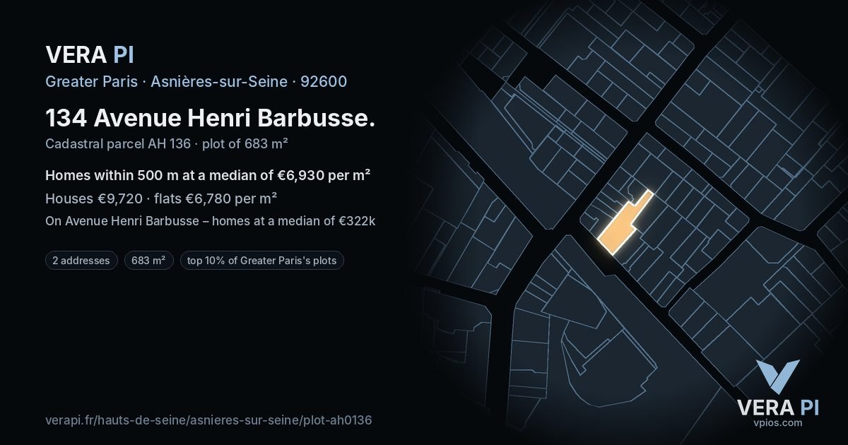 134 Avenue Henri Barbusse, Asnières-sur-Seine at night – the plot lit, the parcels around coloured by the prices near them